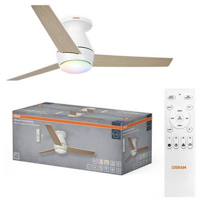 OSRAM ceiling fan with wood-tone blades and light, shown with packaging box and remote control.