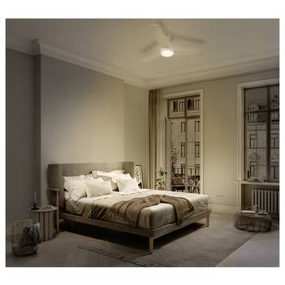 Minimal bedroom with an unmade bed, bedside table, rug, and large windows overlooking a city building.