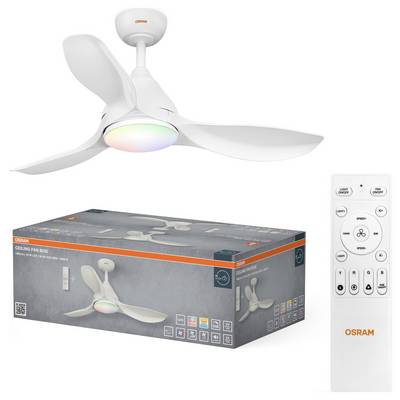 OSRAM ceiling fan with integrated multicolor light and a remote control, shown above its retail box packaging.