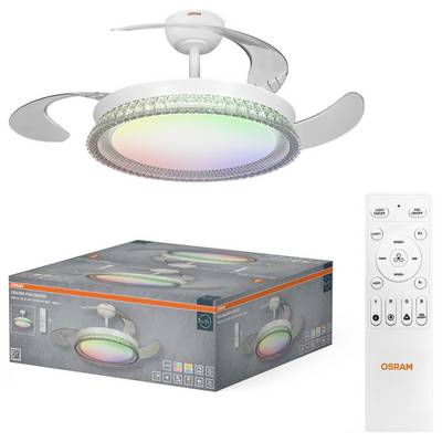 OSRAM ceiling fan light with color-changing LED ring, boxed packaging shown below, and a remote control for adjusting light and fan settings.