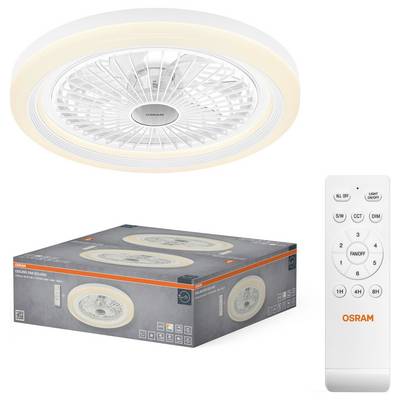 Product image of a ceiling fan light with integrated LED ring, packaging box, and remote control showing fan speed, light, color temperature, dim, and timer buttons.