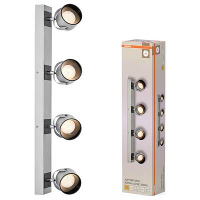 Product image of a silver four-head adjustable wall or track light, shown beside its retail box labeled 'JUPITER SPOT'.