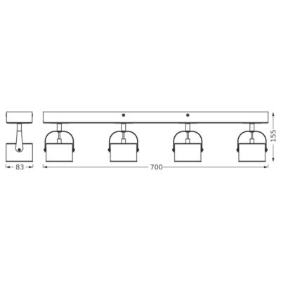 Technical drawing of a lighting bar with five hanging lamps, showing dimensions 700 mm wide and 155 mm high, plus 83 mm spacing detail.