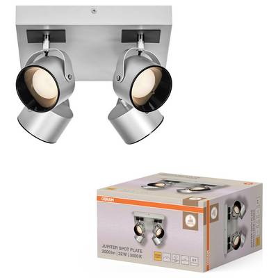 Two silver adjustable spotlights on a ceiling plate above a product box labeled 'JUPITER SPOT PLATE 2000lm | 22W | 3000K' from OSRAM.