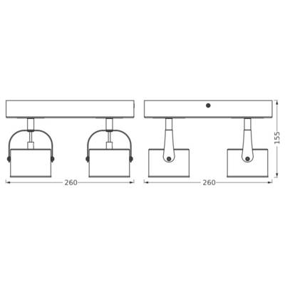 Technical drawing of a two-light ceiling fixture with two hanging lamps, showing front and side views and dimensions 260 wide by 155 high.