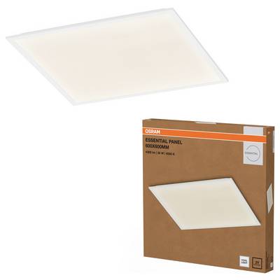 OSRAM Essential Panel LED light shown above its brown product box labeled 'ESSENTIAL PANEL 600X600MM'.