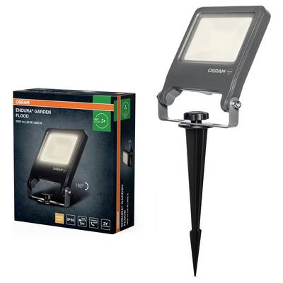 OSRAM Endura Garden Flood outdoor LED floodlight on a ground stake, shown beside its product box.<br>
