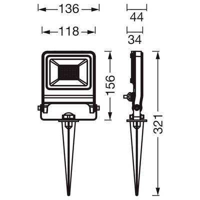 Dimensioned technical drawing of a rectangular ground spotlight with stake mount, showing front and side views and measurements 136, 118, 44, 34, 156, and 321.