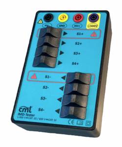Portable IMD-Tester device with labeled input terminals and test clips for S1+, S2+, S3+, S4+, and S1-, S2-, S3-, S4-.