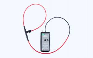 Inline cable tester with a handheld unit attached to a red and black cable loop on a white background.
