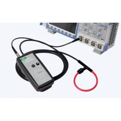 Handheld test probe connected by cable to an electronic test instrument, with a red loop attachment in the foreground.