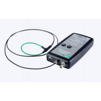 Black handheld electronic tester with attached cable loop and connectors, shown on a white background.