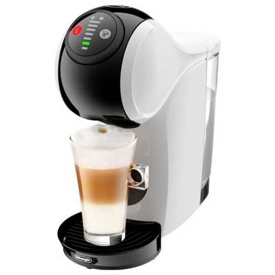 Compact coffee machine dispensing layered coffee into a clear glass on a black drip tray.