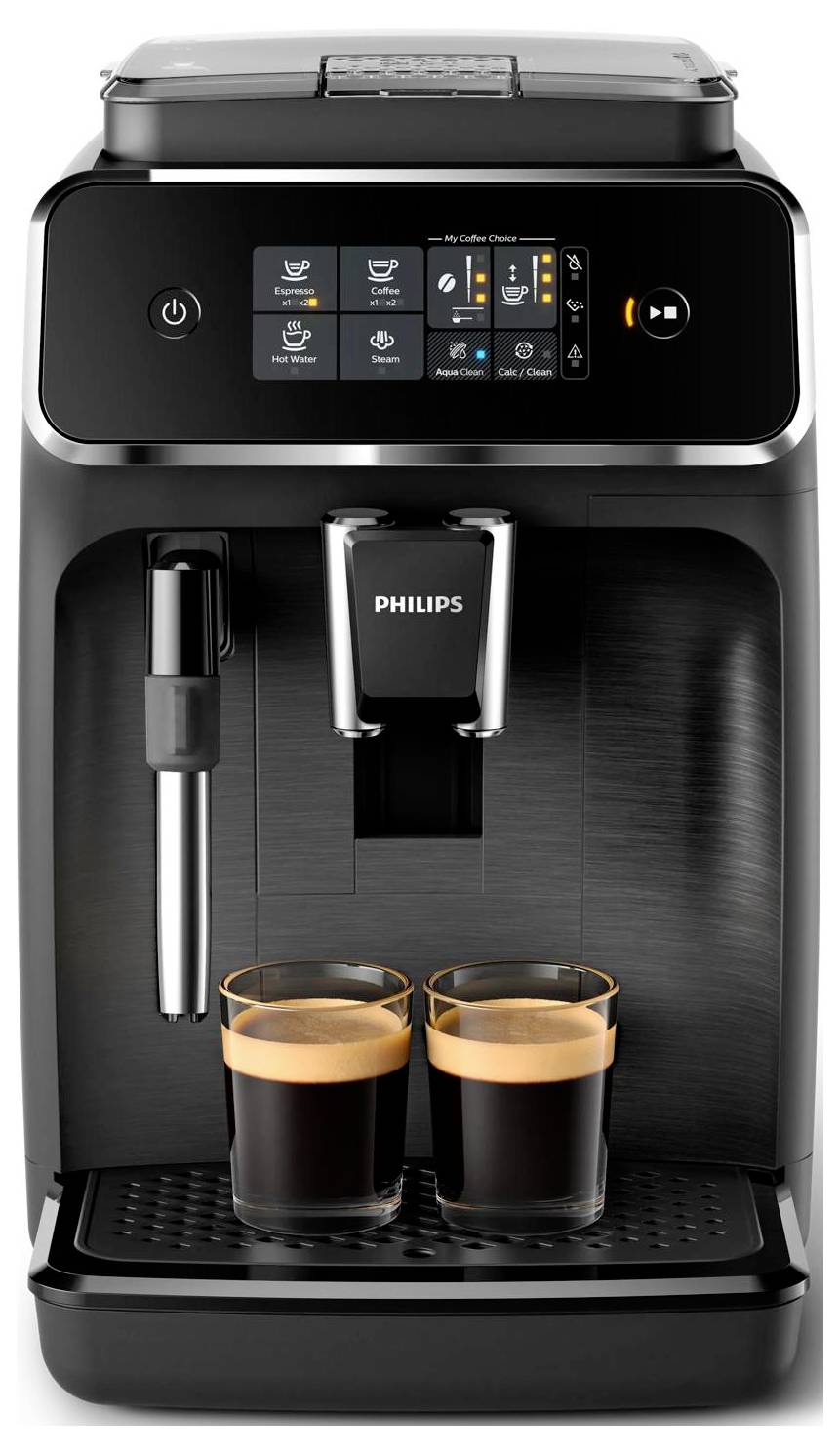 Philips automatic espresso machine dispensing two small cups of coffee, with touchscreen controls and milk frother visible.