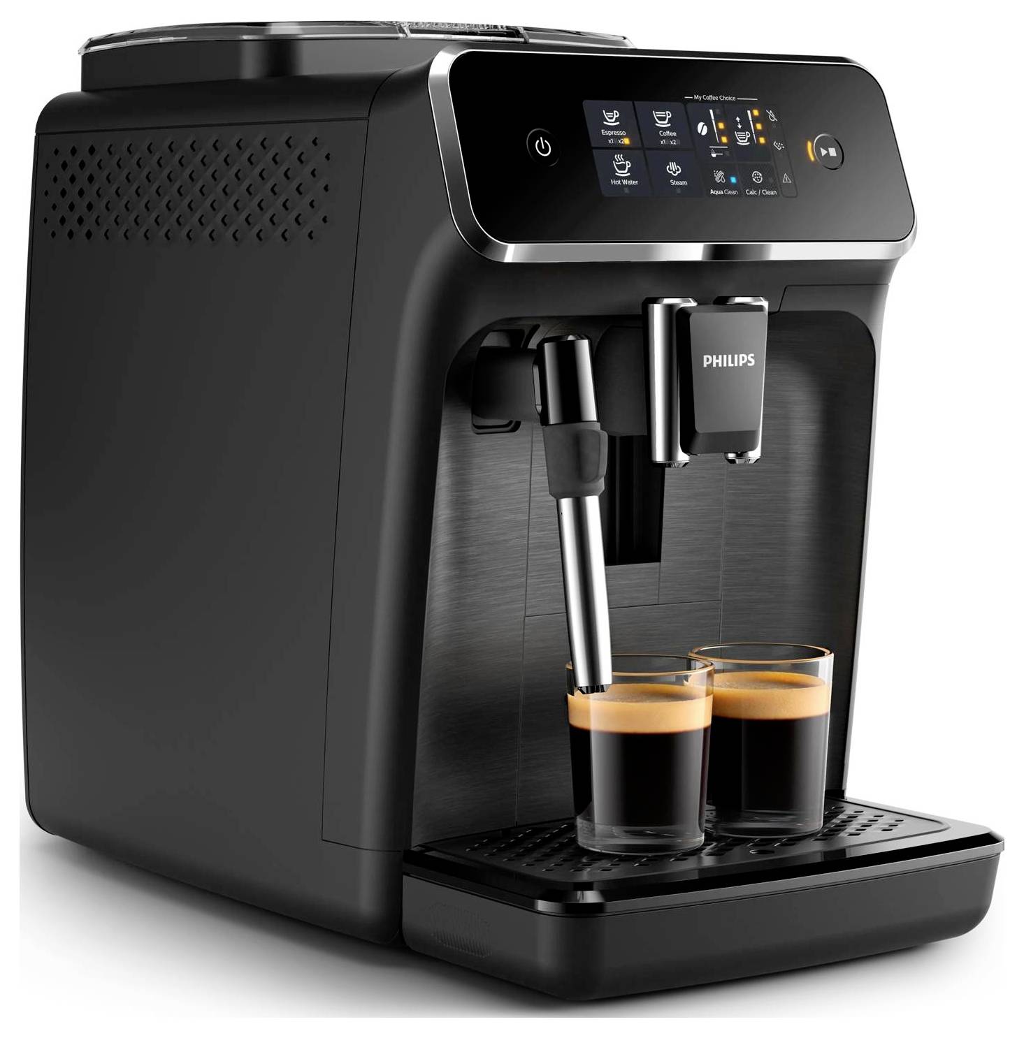 Black Philips espresso machine dispensing coffee into two glasses on the drip tray, with a milk frother attached and touch control panel visible.