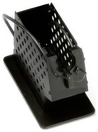 Black metal file organizer with a handle and perforated sides, shown empty on a white background.