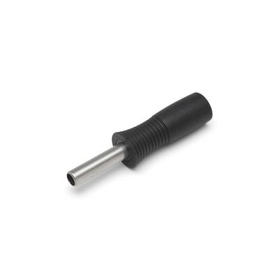 Black-handled metal nozzle or tube connector on a white background.