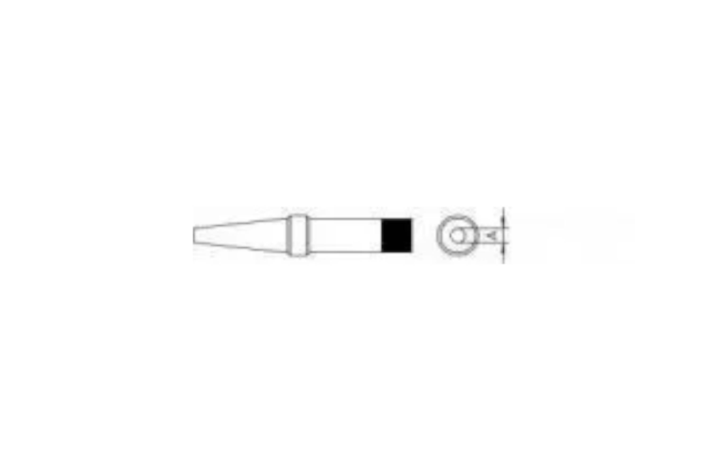 Simple side-view technical drawing of a cylindrical tool or part with a tapered tip, a collar, and a black end section, plus a circular end-view detail.