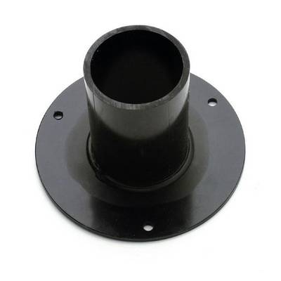 Black metal pipe flange with a vertical cylindrical tube and three mounting holes on a white background.