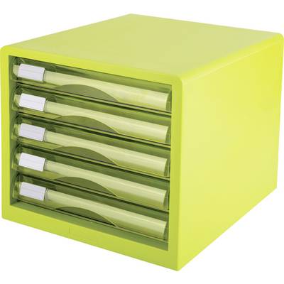 Bright lime-green four-drawer desktop storage organizer with translucent drawers and white handles, shown in a three-quarter view.