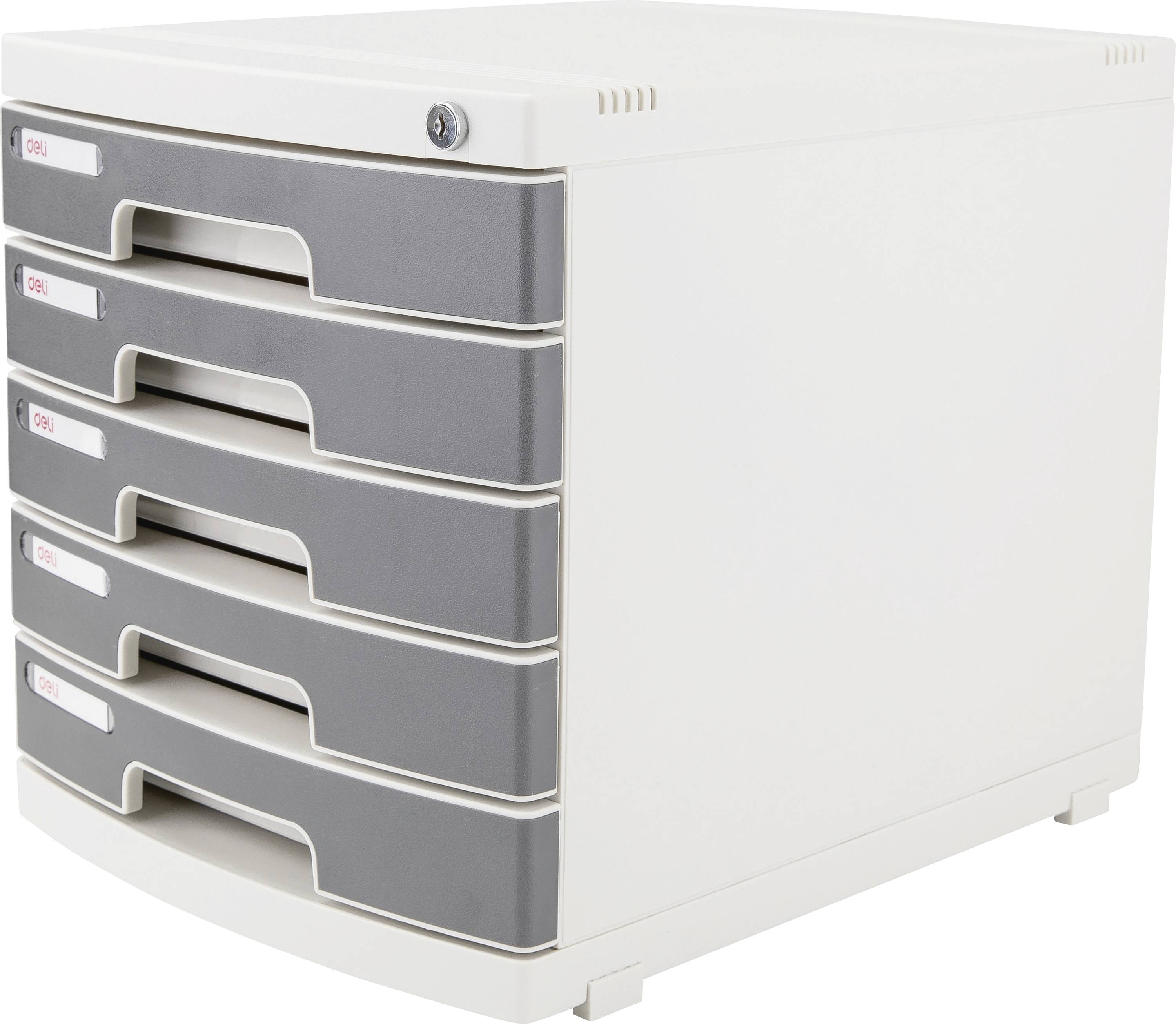 White five-drawer storage cabinet with gray drawer fronts and a key lock on the top drawer.