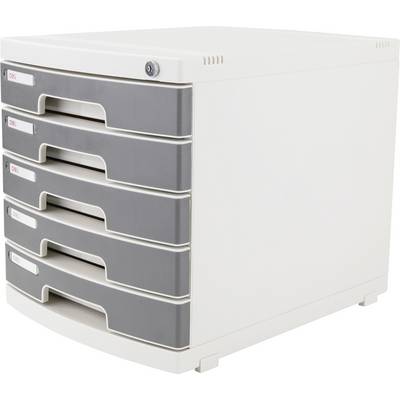 White five-drawer storage cabinet with gray drawer fronts and a key lock on the top drawer.
