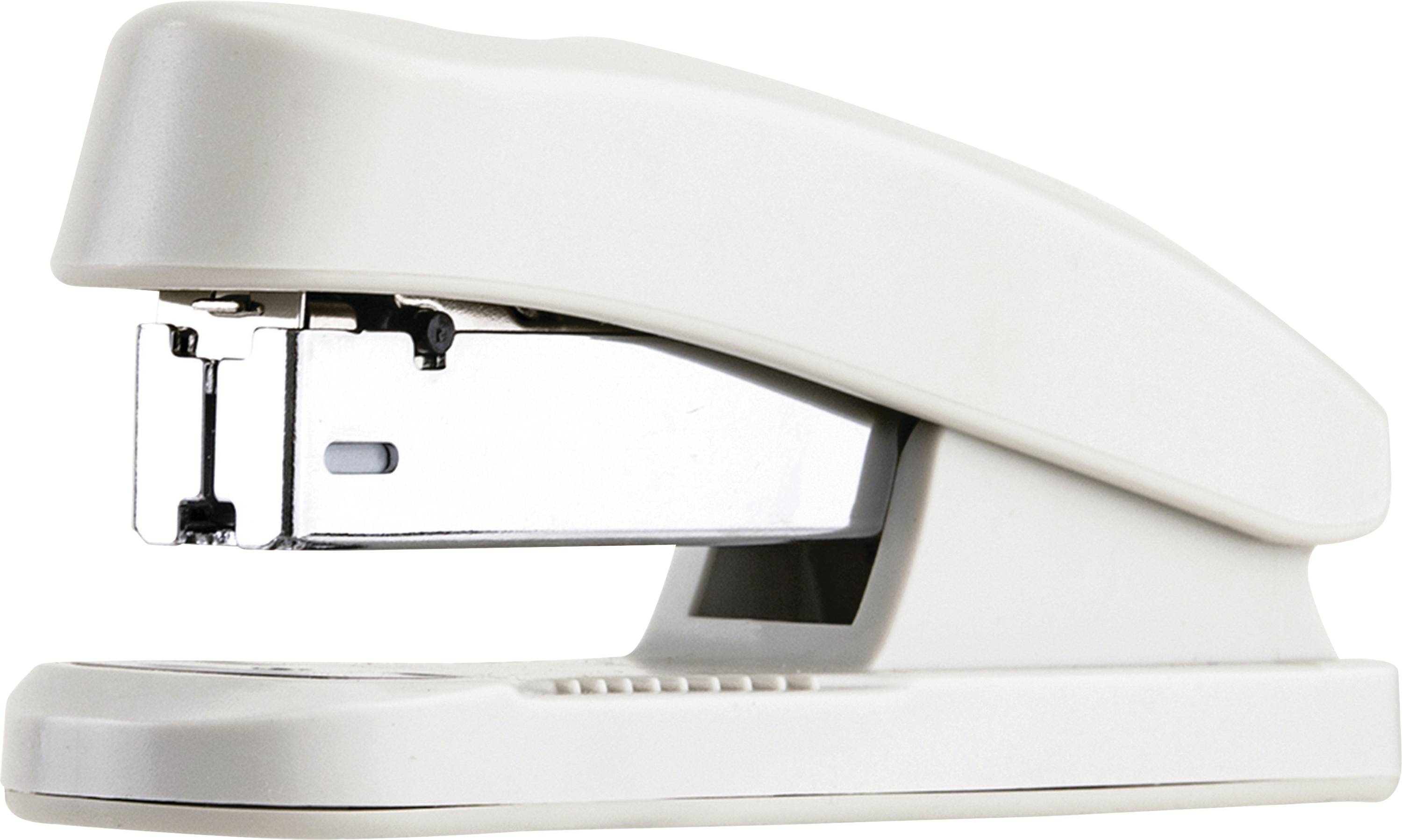 White office stapler shown in side view on a plain background.
