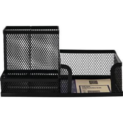 Black metal mesh desk organizer with a tall file holder, low tray, and pen compartment on a base, holding one manila folder.<br>