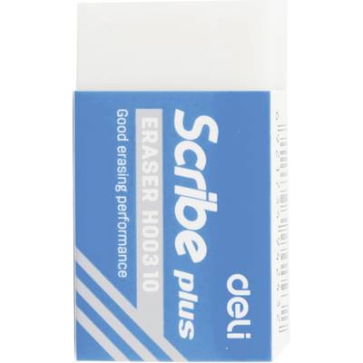 Blue Deli 'Scribe plus' eraser packaging labeled 'ERASER H003 10' and 'Good erasing performance' with white diagonal stripes and a barcode side panel.