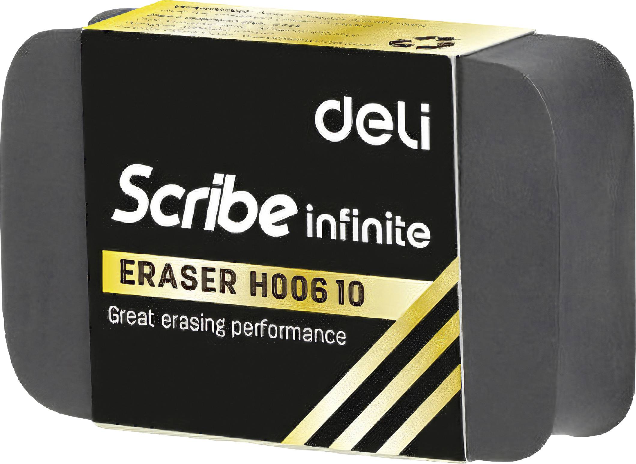 Package of Deli Scribe Infinite eraser, labeled 'ERASER H006 10' and 'Great erasing performance', in black and gold<br>