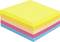 Stack of colorful square sticky notes, shown in perspective with yellow top sheets over pink, peach, and blue layers.