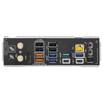 Rear I/O panel of a Gigabyte Motherboard with HDMI, USB-C, multiple USB-A ports, Ethernet, Wi-Fi antenna connectors, and audio jacks.