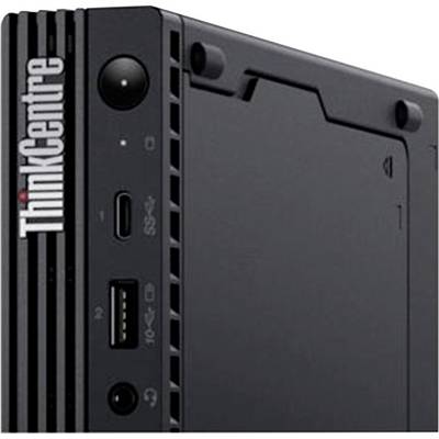 Close-up of a ThinkCentre desktop computer front panel with power button, USB-C and USB ports, and audio jack.