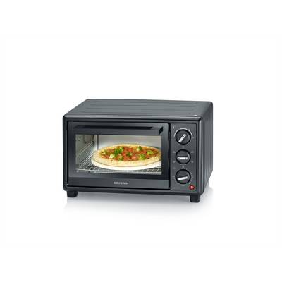 Black countertop mini oven with a pizza baking inside on the rack, shown against a white background.