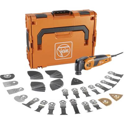 Orange FEIN carrying case with oscillating multi-tool and assorted cutting/sanding attachments arranged in a semicircle on a white background.