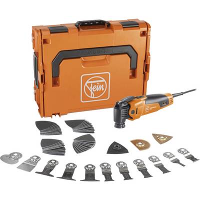 Orange Fein tool case with an oscillating multi-tool and assorted cutting and sanding attachments laid out in front<br>
