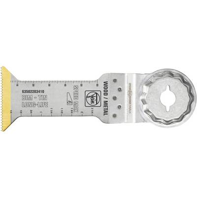 Close-up of a Bosch oscillating saw blade with a ruler-like measurement scale, labeled 'BIM - TIN LONG-LIFE' and 'WOOD / METAL'.