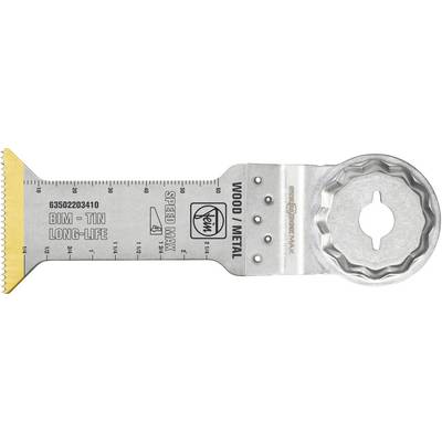 Metal oscillating saw blade with ruler markings and 'WOOD/METAL' label, shown horizontally on a white background.