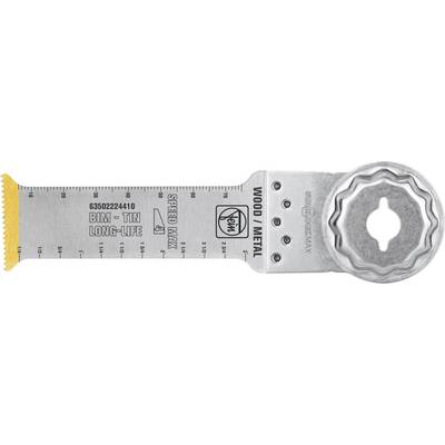 Metal oscillating saw blade with printed measurements, labeled BIM-TIN LONG-LIFE, SPEED MAX, WOOD/METAL, and a round mounting hole.