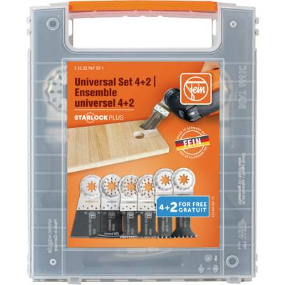 Plastic case containing a FEIN 'Universal Set 4+2' STARLOCK PLUS oscillating tool accessory set, with six saw blades shown on an orange label.