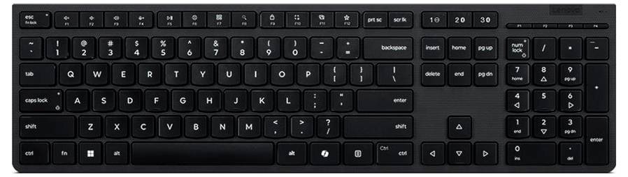Black full-size computer keyboard with number pad and function keys, viewed from above.