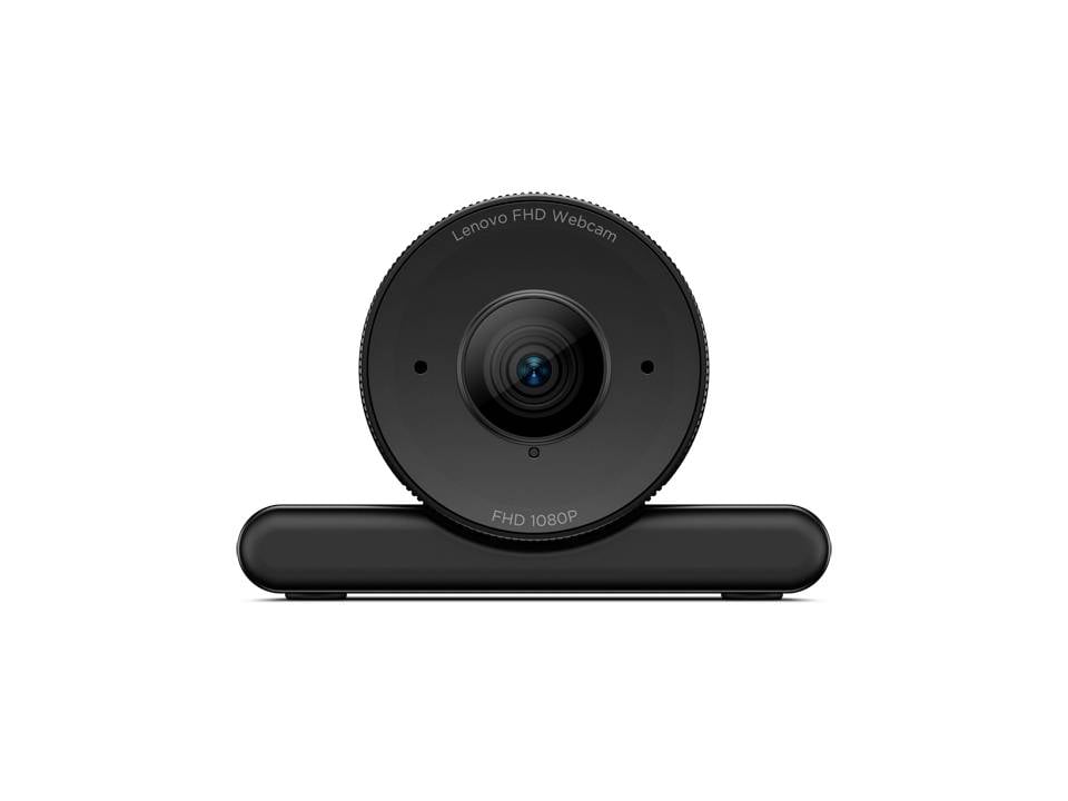 Black Lenovo FHD webcam on a horizontal stand, shown front view on a white background.