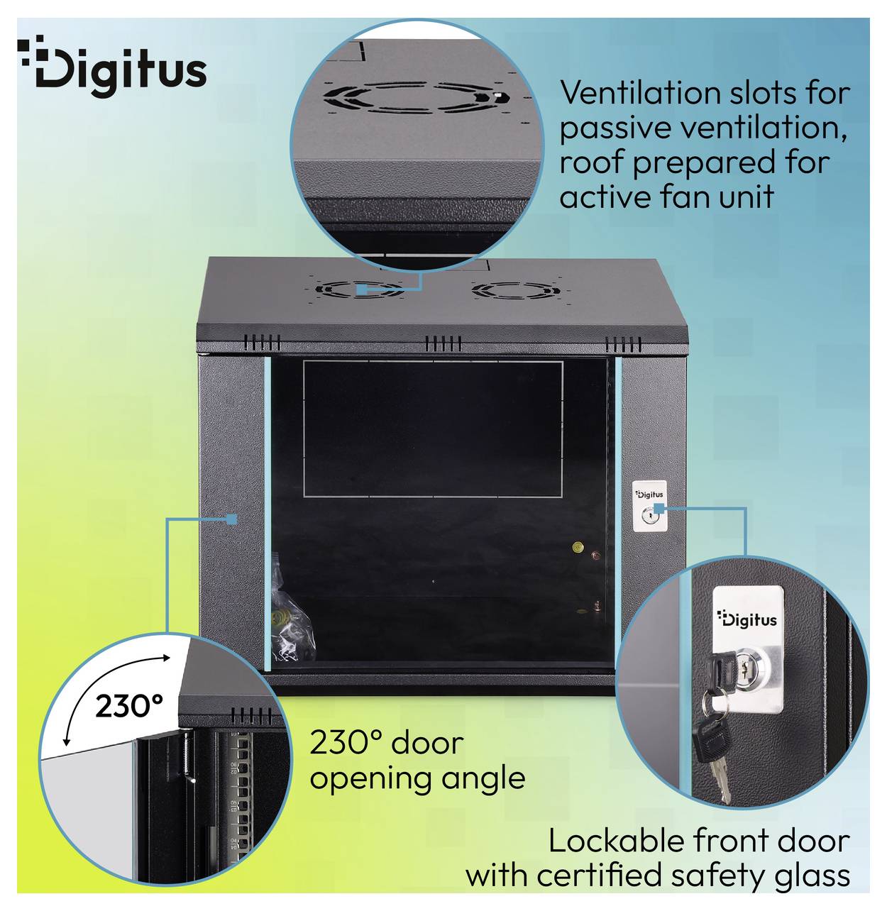 Digitus network cabinet with 230° door opening, lockable safety-glass front door, and roof ventilation slots for passive or active cooling.