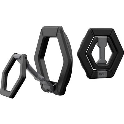 Black hexagonal phone stand shown in folded and open positions, with a central pivot arm for adjustable support.
