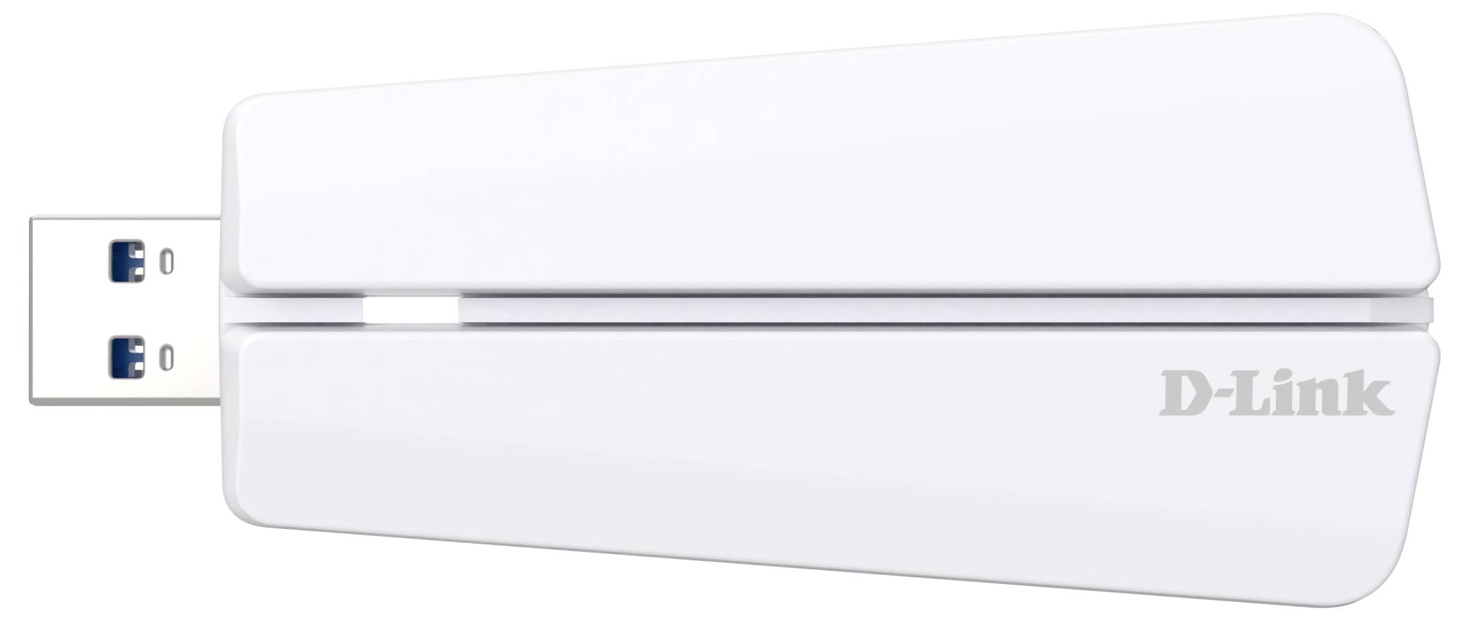 White D-Link USB wireless adapter dongle with a cap, shown in side view on a white background.