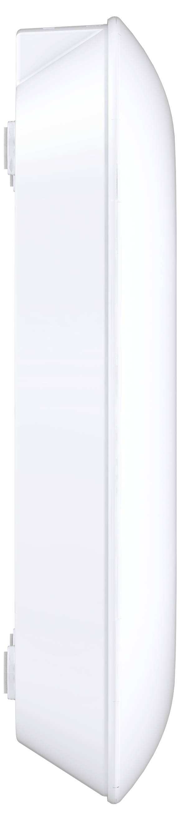 White wall-mounted rectangular device with rounded curved front, resembling a speaker or sensor.