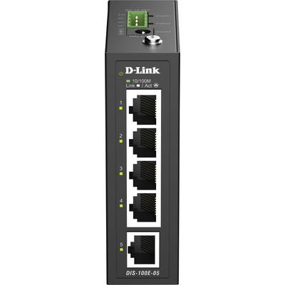 D-Link DIS-100E-05 industrial Ethernet switch with 5 numbered ports and status LEDs on a gray metal housing.