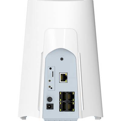 Rear view of a white wireless device showing power jack, status light, reset slot, and Ethernet ports on a blue panel.