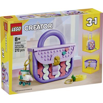 LEGO Creator 3-in-1 Fashion Bag set box, showing a purple buildable handbag with storage; ages 8+, 272 pieces, set 31391.