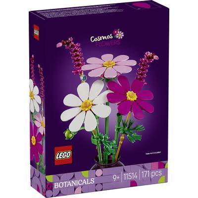 LEGO Botanicals Cosmos Flowers set box showing purple packaging with three buildable cosmos flowers in a vase, labeled 9+, 1154, 171 pcs.
